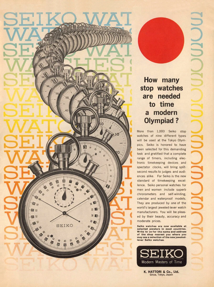 Publicité Seiko dans Life International pour les Jeux Olympiques de Tokyo 1964, chronomètres de poche en cascade