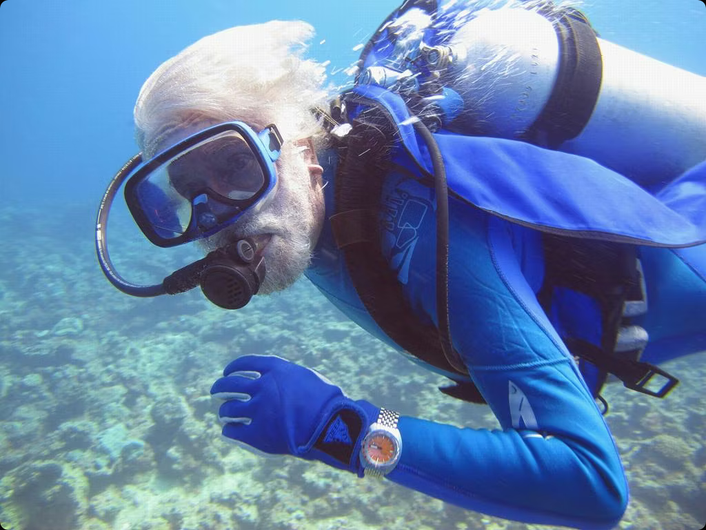 Jacques Cousteau diving at a later period, a reminder of how closely the commander's image would remain linked to dive watches and the culture of underwater exploration.