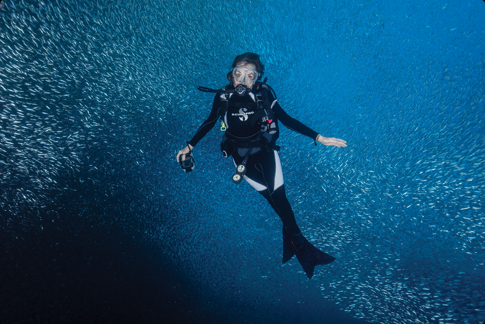 Sylvia Earle tijdens een duik, omringd door het zeeleven dat ze haar hele carrière lang is blijven verdedigen.